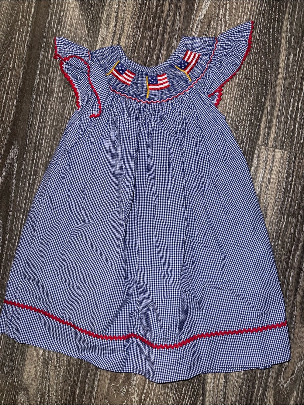 Blue Gingham Kids Dress with Flag Smocking